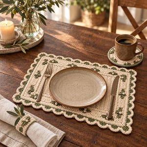 Crochet Placemat Pattern PDF, Table Set with Coaster & Napkin Ring, Beginner Friendly Botanical Design