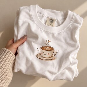 Kawaii Coffee Cup T-Shirt | Hand-Drawn Latte Illustration, Garment-Dyed Cotton Tee