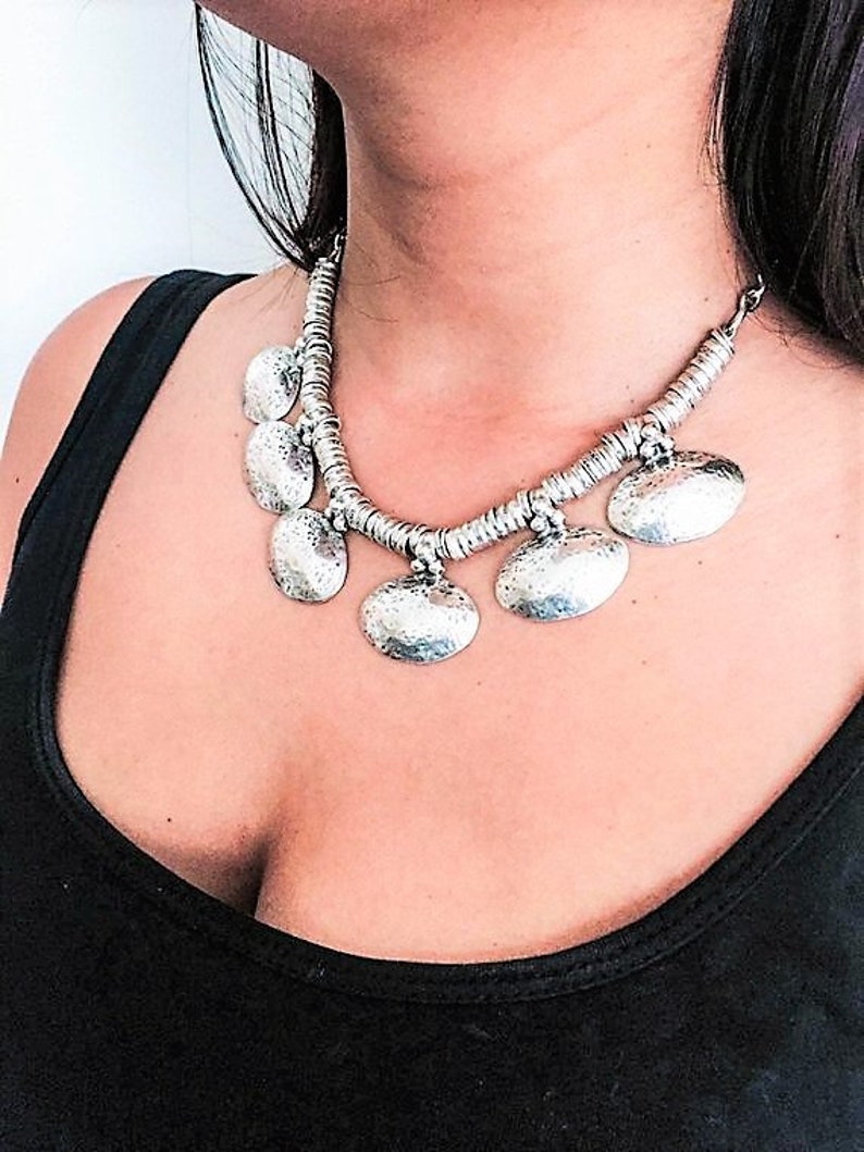 Silver Tribal Shell Necklace Silver Boho Bib Necklace