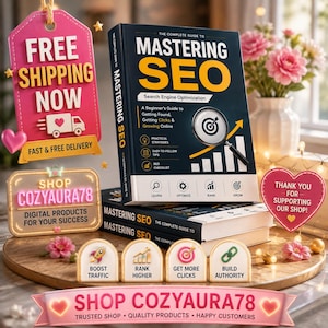 May include: A stack of two books titled Mastering SEO with a magnifying glass graphic on the cover. The scene includes decorative signs with text like Shop Cozyaura78, Boost Traffic, Rank Higher, Get More Clicks, and Build Authority.