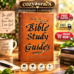 May include: A brown leather-textured book titled Bible Study Guides with black lettering. The cover features a small cross icon. Beside it are stacked books labeled Pray, Study, Grow, Repeat, and a white mug with the text Faith Changes Everything.