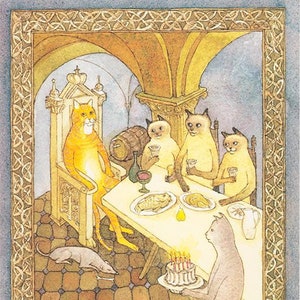 May include: A whimsical illustration of a cat wearing a crown sitting on a throne, surrounded by other cats at a table with food and wine. The text "KING FOR THE DAY" is at the bottom of the image.