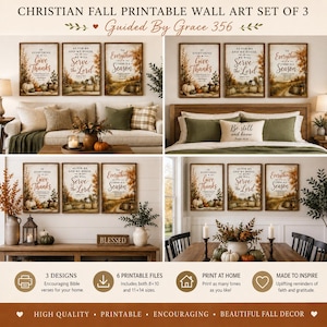 May include: A set of three rectangular wall art prints featuring autumn landscapes with pumpkins and trees. Each print displays religious text in a mix of serif and script fonts. The designs include the phrases In Everything Give Thanks, As For Me And My House We Will Serve The Lord, and To Everything There Is A Season.