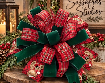 Lazo navideño de tartán, lazo navideño de terciopelo verde, lazo navideño de osito de peluche, lazo grande para corona navideña, lazo para farol y adorno para la punta del árbol.