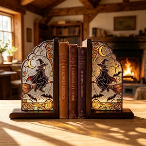 May include: A pair of dark wood bookends featuring stained glass panels with a witch flying on a broomstick, a crescent moon, and bats. Three books are positioned between the bookends, titled Halloween Legends, Candlelit Tome, and Witching Season.