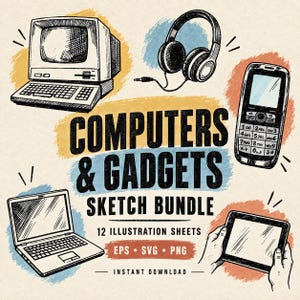 Può includere: Un set di illustrazioni intitolato COMPUTERS & GADGETS SKETCH BUNDLE con schizzi disegnati a mano di un computer desktop vintage, cuffie cablate, un telefono cellulare, un computer portatile e un tablet su macchie di vernice gialla, blu e arancione.