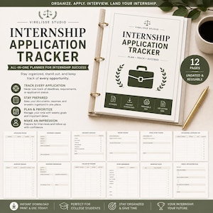 May include: An internship application tracker planner with 12 pages, featuring a binder containing printed sheets. The cover displays the text Internship Application Tracker, Plan, Track, Succeed, and a briefcase icon. Includes various tracking templates.