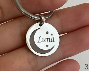 Stainless Custom Pet Tag, Personalized Pet id tag, LUNA, dog name tag, cat name tag, moon, stars, microchip numbers, phone number on back