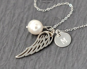 Monogram Angel wing necklace, Sterling Silver Wing with pearl Initial Necklace, Personalized Initial Necklace, monogram, freshwater pearl