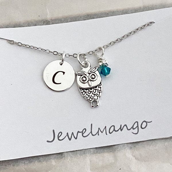 Owl Initial Necklace, Silver owl charm, Personalized Initial Necklace, birthstone necklace, monogram, custom gifts, birthday gift for her