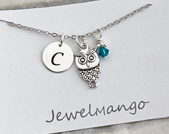 Owl Initial Necklace, Silver owl charm, Personalized Initial Necklace, birthstone necklace, monogram, custom gifts, birthday gift for her