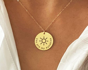 You are my sunshine Necklace in Gold, Sunshine Necklace, Gift for Mother and Daughter, Gold coin Necklace, 14K gold filled pendant necklace