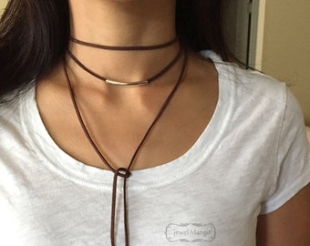 Boho Suede wrap choker, bohemian necklace, wrap choker, Feather, Suede Boho Necklace, Silver tube, Ribbon Necklace, Black Wrap Necklace