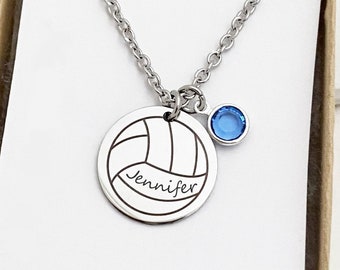 Volleyball Necklace, Birthstone Necklace, Name necklace, Volleyball charm, Volleyball Mom, Sports Jewelry, Volleyball team, Custom Team Gift