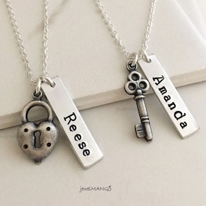 custom best friends necklace in silver, friendship necklace, bff, key and lock necklace, couple necklace, gifts for friends, birthday gifts