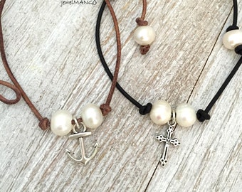 Pearl choker,Anchor Double pearl leather necklace,pearl necklace, leather, Leather Pearl Choker, freshwater pearl leather necklace, cross