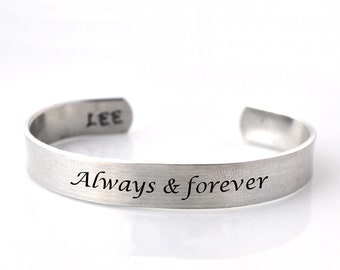 Personalized metal cuff bracelet, custom bracelet, aluminum cuff ENGRAVED bracelet, ALWAYS and FOREVER, aluminum silver cuff bracelet