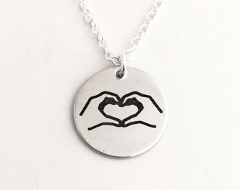 Heart Hands necklace, Engraved Hand Sign Necklace, Friendship jewelry, Heart Hand Sign Jewelry, love necklace, i love you, monogram necklace