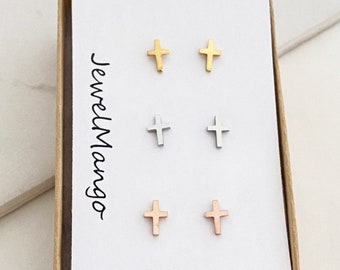 Cross earrings - rose gold cross stud earrings, silver cross stud earrings, gold cross stud, post earrings, high polish, Crucifix earrings