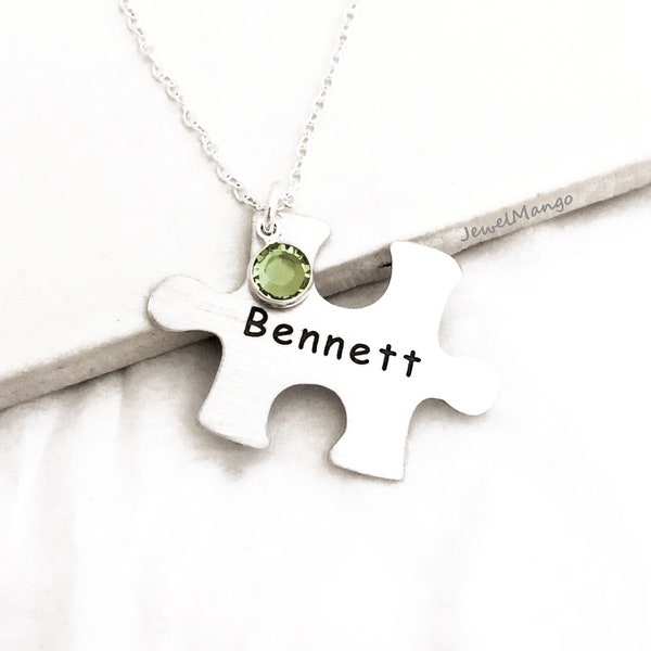 Personalized puzzle piece PEACE necklace, Custom puzzle Pendant, jigsaw puzzle Pendant Necklace, birthstone necklace, autism awareness