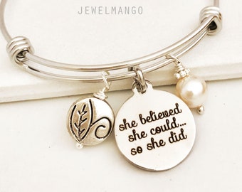 she believed she could so she did, Bangle, bracelet, Graduation gifts, pearl, adjustable, leaf, inspirational quote, gift for her, cancer