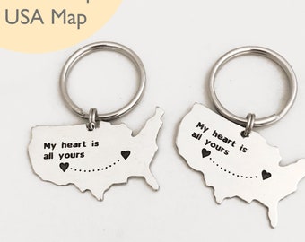 Long Distance key chains, Long Distance Relationship United States Keychain, USA Map gift ideas, Custom gifts for boy friend, mom