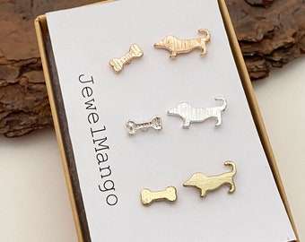 Dog and bone stud Earrings, gold, silver or rose gold, silver Dog stud, gold Dog stud, post earrings, Dog bone Ear Studs, Dog lover gift