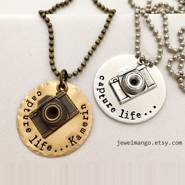 Personalized name camera necklace, Capture Life, capture moments, photographer, monogram, custom necklace, antique Bronze, traveler, camera