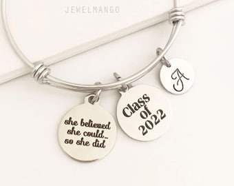 CLASS OF 2024, Graduation gifts, she believed she could so she did, Bangle, bracelet, adjustable, inspirational quote, gift for her, INITIAL