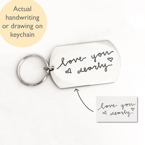 Llavero de escritura a mano, dibujo infantil, etiqueta de escritura personalizada, etiqueta de perro, regalo de escritura personalizada, escritura a mano infantil, grabado de escritura personalizado