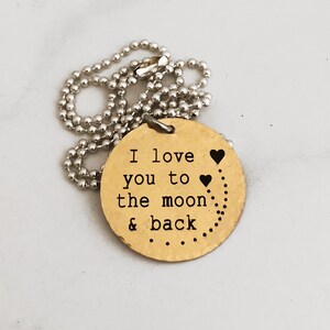 I love you to the moon and back - ball chain, gold tone, gift for her, gift for him, moon and back necklace, brass, heart, love