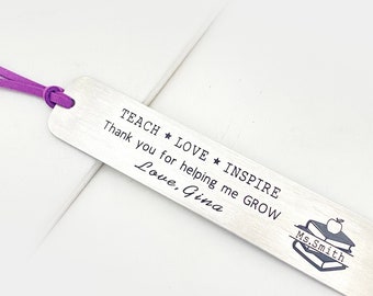 Personalized bookmark for teacher, Teacher gifts ideas, Custom Bookmark, teach, love, inspire, teacher appreciation gift under 25