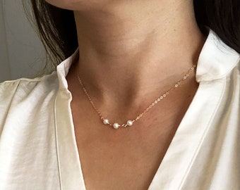 Pearl Bead Necklace, Dainty Pearl Necklace, Tiny Pearl, 14K Gold Filled, Rose Gold filled, Sterling Silver, Bridesmaids Gifts, Pearl Choker