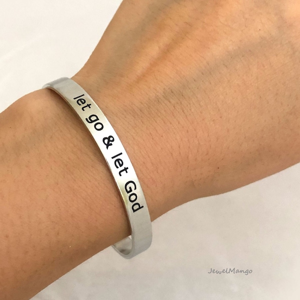 let go & let God, Personalized Cuff Bracelet, Inspirational Bracelet, custom bracelet, cuff bracelet, custom jewelry, dream, brave, engraved