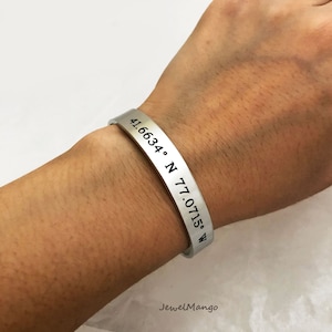 Latitude Longitude Bracelet, engraved GPS cuff bracelet, customized cuff, metal cuff bracelet, Latitude & Longitude Coordinates Bracelet