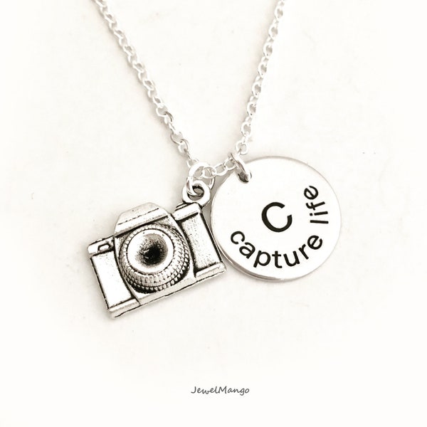 Personalized initial camera necklace, Capture Life, capture moment, photographer, monogram, engraved custom necklace, photography, shoot