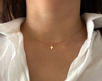 Tiny 14K gold filled Cross Necklace, Dainty tiny sterling silver cross Necklace, everyday minimalist necklace, tiny cross, silver mini cross