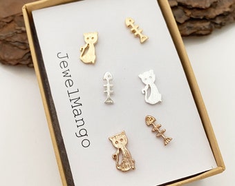 Cat stud Earrings in Gold, silver and Rose gold, Silver Cat stud, Gold Cat stud, Rose gold Cat post earrings, Fish bone Ear Studs, Cat lover