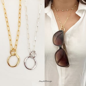 Catena per occhiali in graffetta dorata, collana a maglie a strati perfetta, porta occhiali da lettura regolabile in argento con graffetta, porta occhiali da sole
