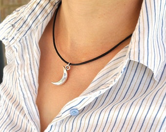 crescent moon necklace in black leather unisex jewelry