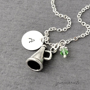 Cheerleader Initial Necklace Silver cheerleading, megaphone Charm, Initial Necklace monogram, team necklace, cheerleader gift, 3D cheer