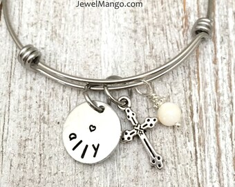 Cross bangle bracelet, first communion gift, baptism, name plate, personalized gifts,white bead, cross charm,confirmation gifts,Mother Gifts