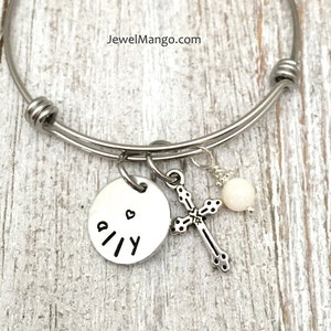 Cross bangle bracelet, first communion gift, baptism, name plate, personalized gifts,white bead, cross charm,confirmation gifts,Mother Gifts