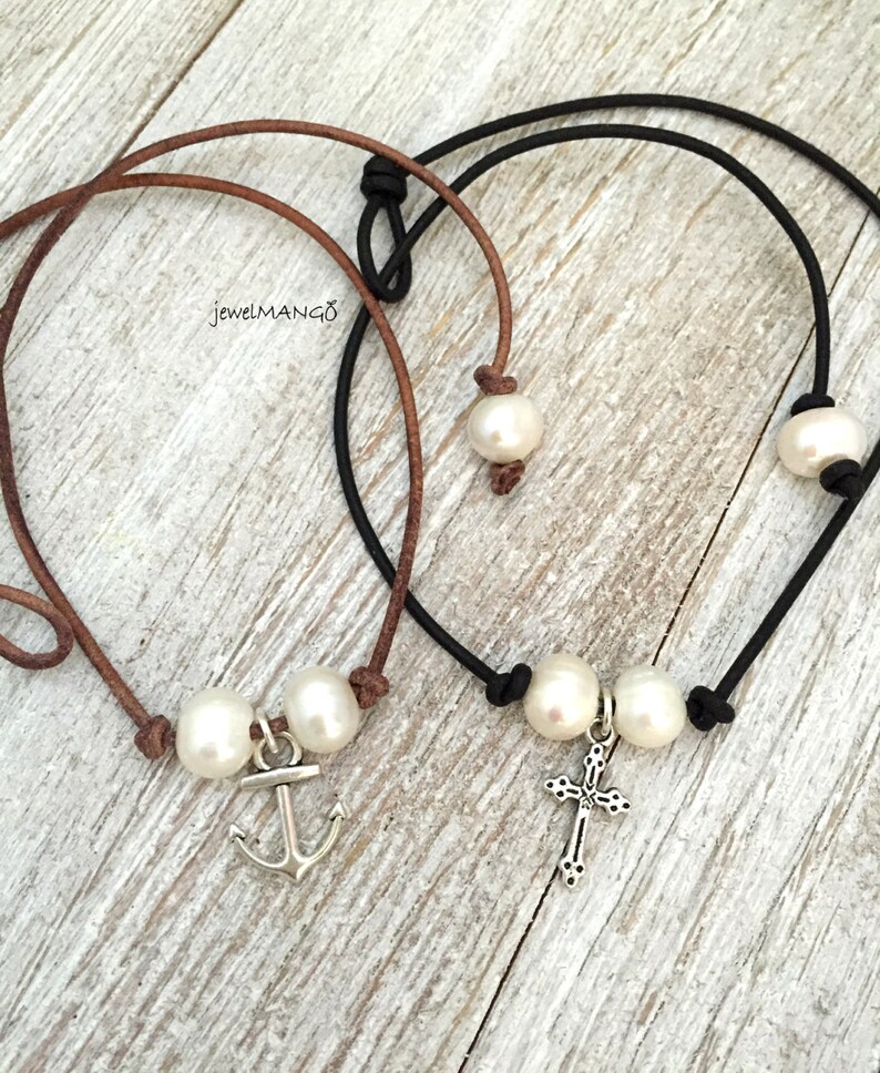 Anchor Double Pearl Leather Necklacepearl Necklace Leather Etsy