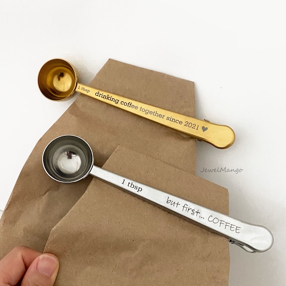 Coffee measuring Spoon and Bag Clip, Stainless Steel Bag Clip, Custom Measuring Scoop 1 tbsp, Gold and Silver, Personalized gift for coffee