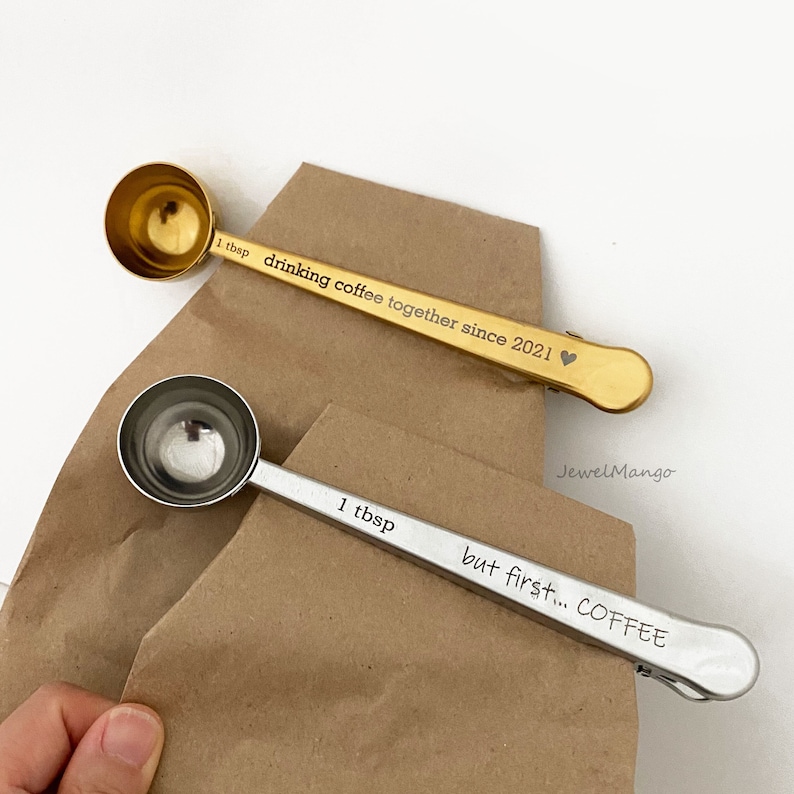 Coffee measuring Spoon and Bag Clip, Stainless Steel Bag Clip, Custom Measuring Scoop 1 tbsp, Gold and Silver, Personalized gift for coffee image 1