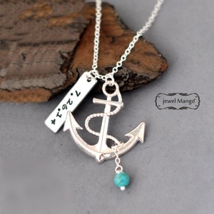 Personalized shiny anchor necklace, keepsake necklace, hand stamping, special day, anniversary, wedding date, engagement, nautical image 2