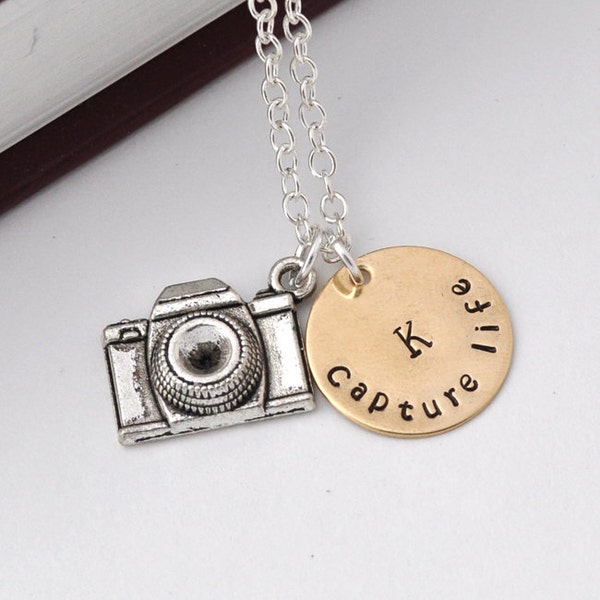 Personalized initial camera necklace, Capture Life capture moment, photographer, monogram, hand stamped, custom necklace