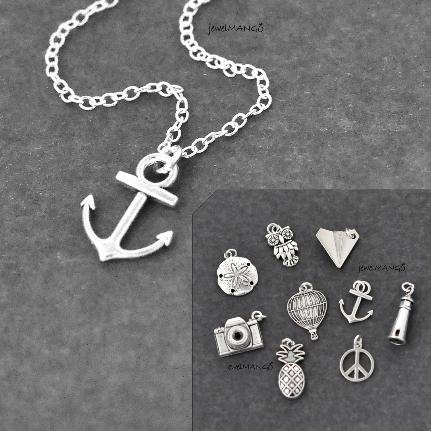 Silver Charm necklace anchor nautical nautical jewelry Etsy