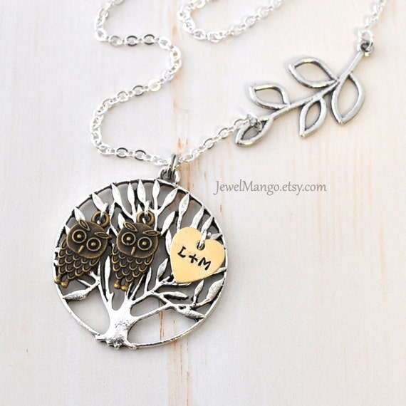 Personalized night OWLS with heart necklace Custom necklace Etsy